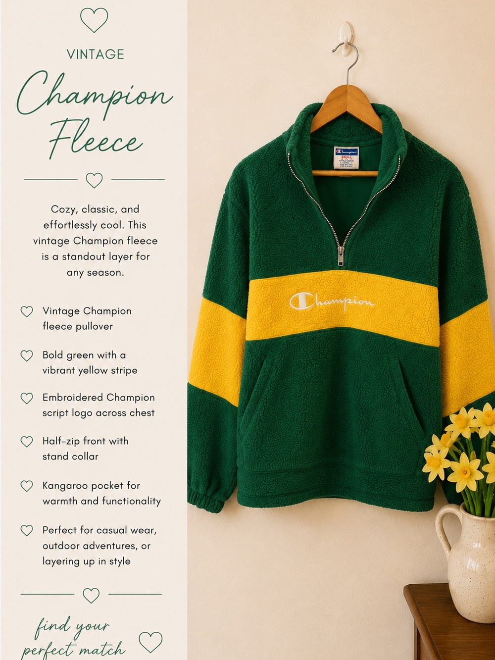Champion Green Fleece Pullover with Yellow Chest Stripe
